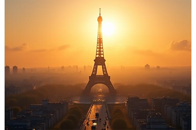 Vue poétique du ciel de Paris au lever du soleil, avec la Tour Eiffel en arrière-plan, symbolisant la vision fondatrice de Lumière Voyage, la fusion de la lumière, la culture et le voyage.