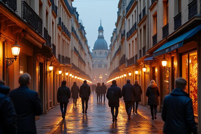 Ruelles historiques à Paris sous un éclairage doux en fin de journée, avec des gens se promenant.