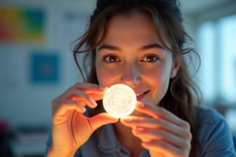 Jeune femme examinant une lentille optique lors d'un atelier Lumière Voyage