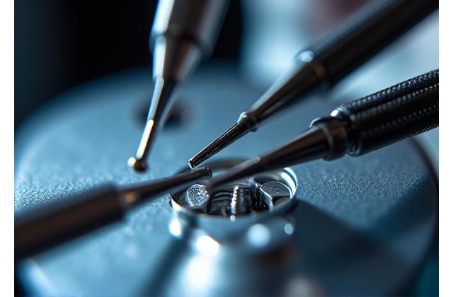 Gros plan sur des outils de précision et un équipement optique en cours de maintenance.