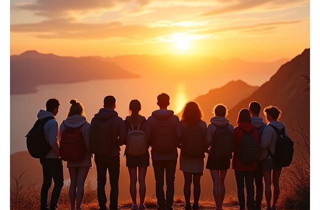 Un groupe de personnes contemplant un paysage magnifique au lever ou coucher du soleil.