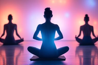 Silhouettes d'individus pratiquant le yoga dans un espace baigné de lumière colorée pour la luminothérapie.